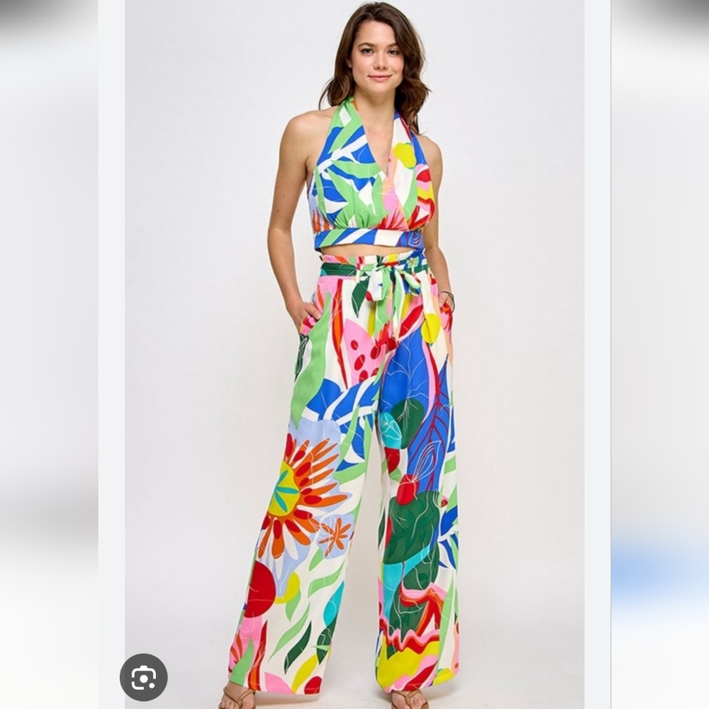 Milk &Honey Tropical Vacay 2pc Romper Pants Halter Crop Top Set Satin Wide Leg M
